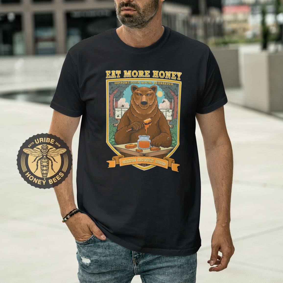 PRESALE! Honey Bear Men's Triblend Crewneck T-Shirt : EAT MORE HONEY | Uribe Honey Bees